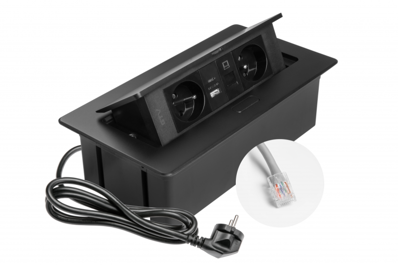 MULTISOFT Møbelstik 2x Stik med Jord, USB A+C, RJ45, Strømkabel med Stik, Sort