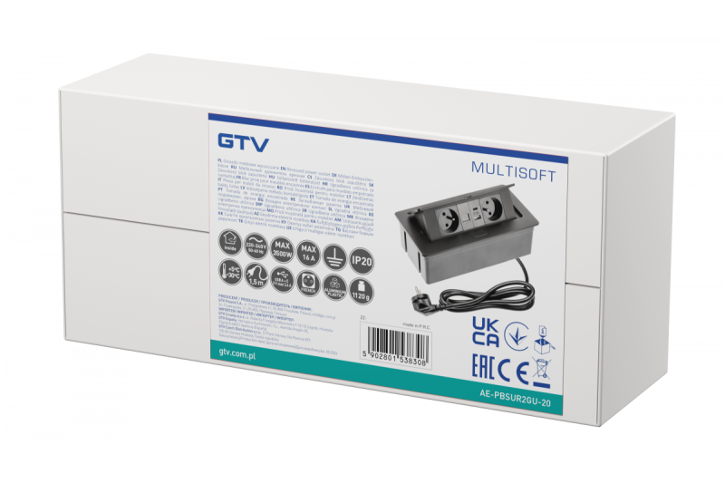 MULTISOFT Møbelstik 2x Stik med Jord, USB A+C, RJ45, Strømkabel med Stik, Sort