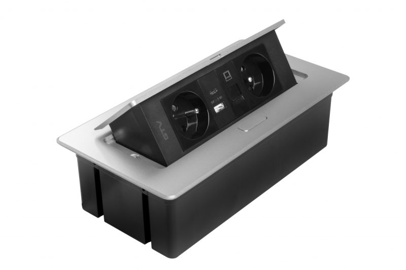 MULTISOFT Møbelstikdåse 2x Stik med Jord, USB A+C, RJ45, Strømkabel med Stik, Aluminium