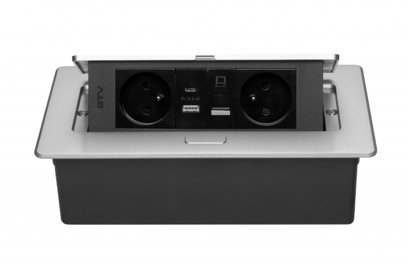 MULTISOFT Møbelstikdåse 2x Stik med Jord, USB A+C, RJ45, Strømkabel med Stik, Aluminium