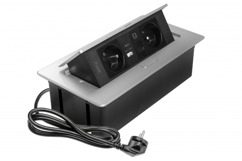 MULTISOFT Møbelstikdåse 2x Stik med Jord, USB A+C, RJ45, Strømkabel med Stik, Aluminium