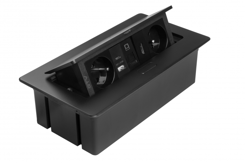 Møbelstik MULTISOFT, 2xSHUKO, USB A+C, RJ45, HDMI-kabel 1,5 m, sort