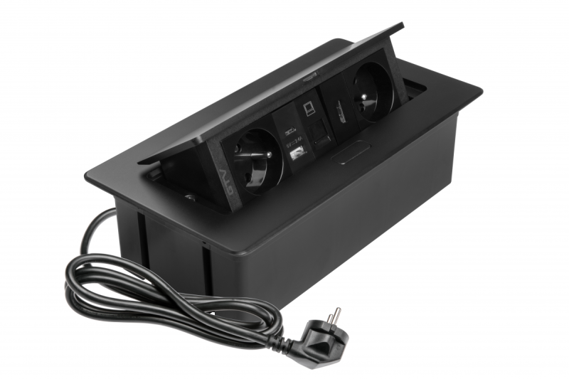 Møbelstik MULTISOFT, 2xSHUKO, USB A+C, RJ45, HDMI-kabel 1,5 m, sort