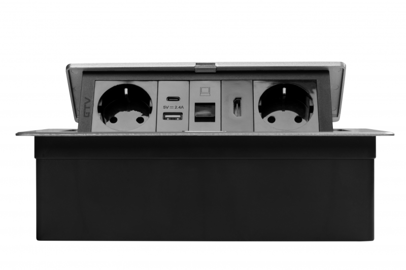 Møbelstik MULTISOFT, 2xSHUKO, USB A+C, RJ45, HDMI-kabel 1,5 m, aluminium