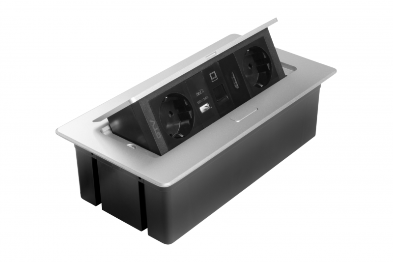 Møbelstik MULTISOFT, 2xSHUKO, USB A+C, RJ45, HDMI-kabel 1,5 m, aluminium