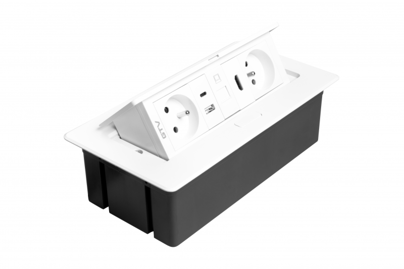 MULTISOFT møbelstikdåse 2x stik med jord, USB A+C, RJ45, HDMI, strømkabel med stik, hvid