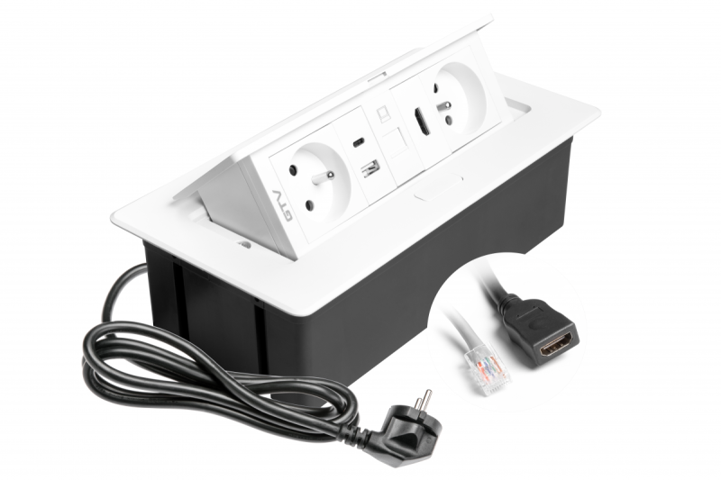 MULTISOFT møbelstikdåse 2x stik med jord, USB A+C, RJ45, HDMI, strømkabel med stik, hvid