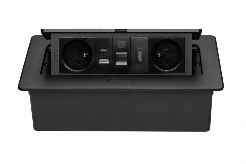 MULTISOFT møbelstik 2x stik med jordforbindelse, USB A+C, RJ45, HDMI, strømkabel med stik, sort