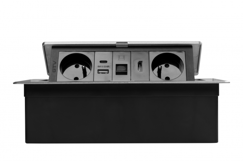 MULTISOFT møbelstik 2x stik med jordforbindelse, USB A+C, RJ45, HDMI, strømkabel med stik, aluminium