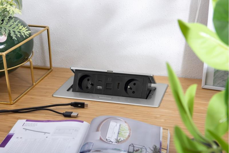 MULTISOFT møbelstik 2x stik med jordforbindelse, USB A+C, RJ45, HDMI, strømkabel med stik, aluminium