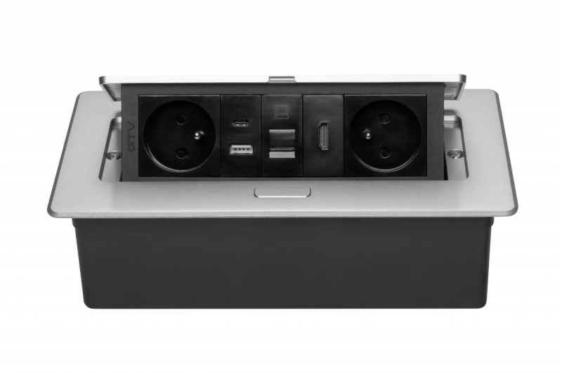 MULTISOFT møbelstik 2x stik med jordforbindelse, USB A+C, RJ45, HDMI, strømkabel med stik, aluminium