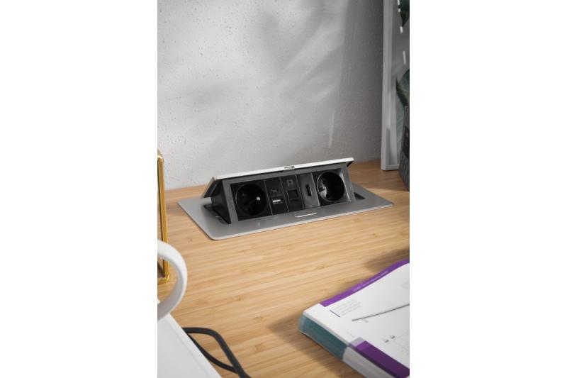 MULTISOFT møbelstik 2x stik med jordforbindelse, USB A+C, RJ45, HDMI, strømkabel med stik, aluminium