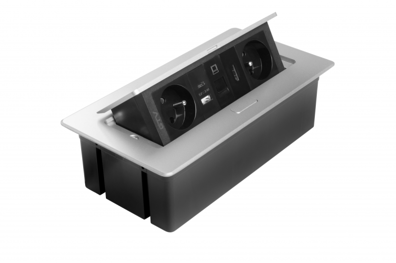 MULTISOFT møbelstik 2x stik med jordforbindelse, USB A+C, RJ45, HDMI, strømkabel med stik, aluminium