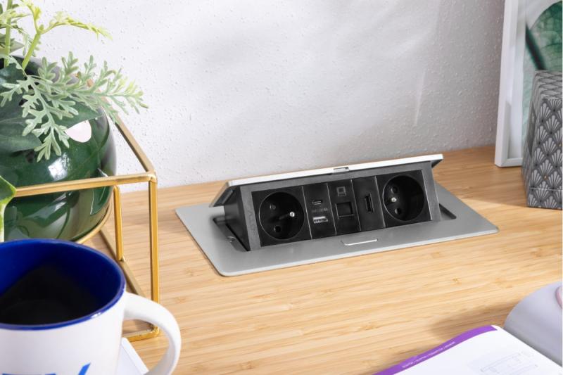 MULTISOFT møbelstik 2x stik med jordforbindelse, USB A+C, RJ45, HDMI, strømkabel med stik, aluminium