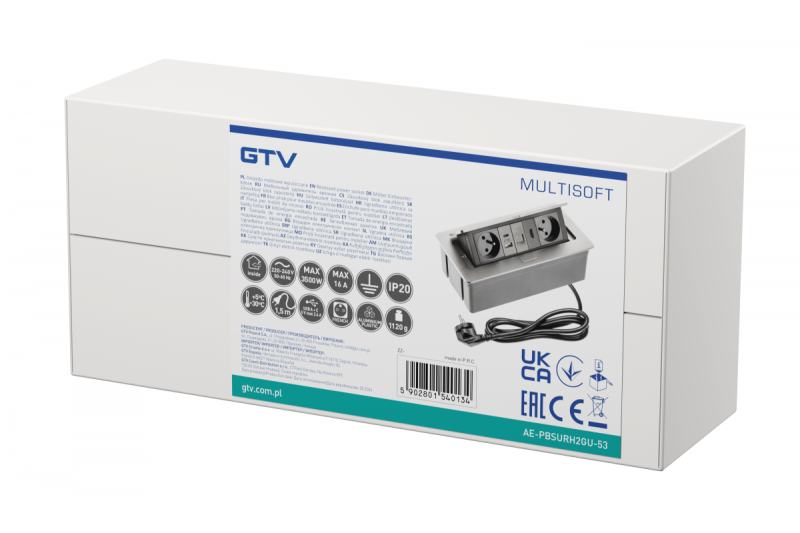 MULTISOFT møbelstik 2x stik med jordforbindelse, USB A+C, RJ45, HDMI, strømkabel med stik, aluminium