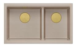 Quadri Newport II Dobbelt Beige Granit Undermonteret Vask 702 x 390 mm med Guld prop 1208971756