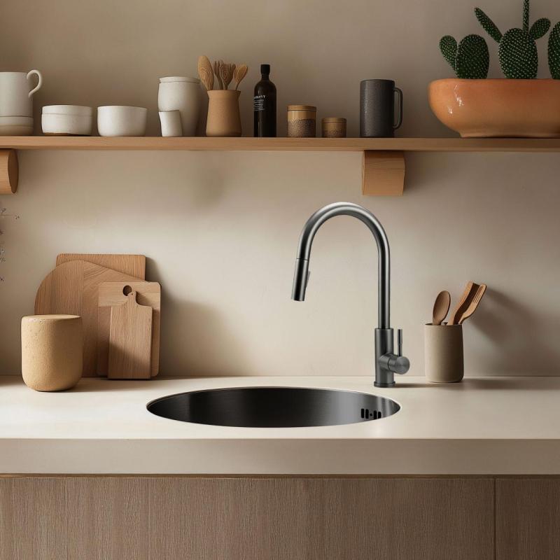 Pure.Sink Rondo Gun metal Runde vask til planmontering, undermontering og overmontering 38 cm PRN38-61