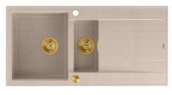 Quadri Luton pearl beige granit overflade 1,5 vask med drypbakke reversibel 100x50cm med gylden prop 1208971793