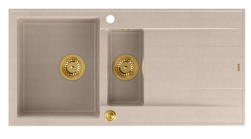 Quadri Luton pearl beige granit overflade 1,5 vask med drypbakke reversibel 100x50cm med gylden prop 1208971793