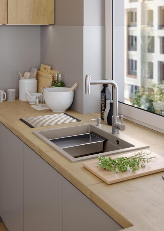 Quadri Durham Pearl Beige granit overflade vask 595x500 med sæbedispenser, skærebræt, indsatsvask og rullemåtte 1208971814