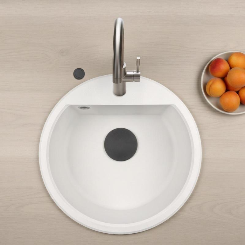 GraniteMy Bremen rund granitvask 43 cm hvid, overflade og underskab, med hanehul og automatisk sort prop 1208971846