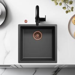 Ausmann Fiber sort vask 40x40cm undermontering, overmontering og flad indbygning med automatisk kobberprop 1208971852