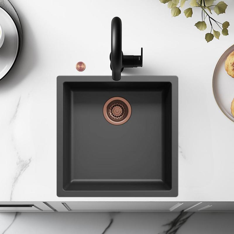 Ausmann Fiber sort vask 40x40cm undermontering, overmontering og flad indbygning med automatisk kobberprop 1208971852