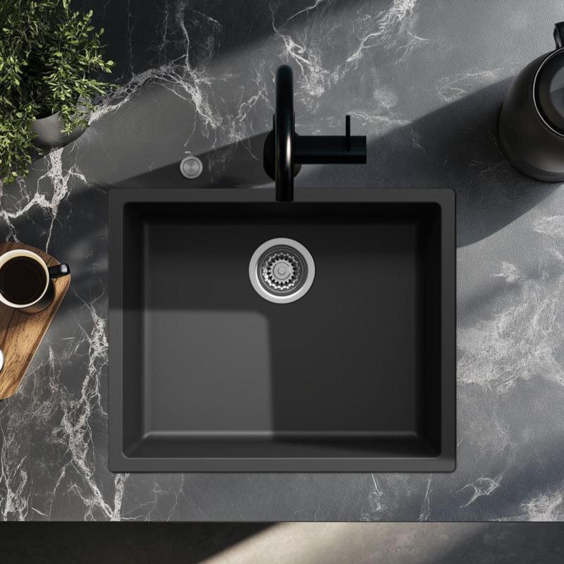 Ausmann Fiber sort vask 50x40cm undermontering, overmontering og planmontering med automatisk rustfrit stål prop 1208971855