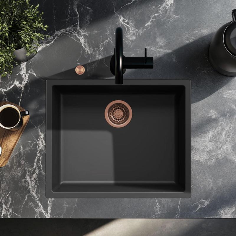 Ausmann Fiber sort vask 50x40cm undermontering, overmontering og planmontering med automatisk kobberprop 1208971858