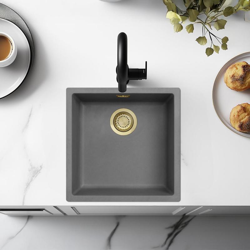Ausmann Fiber beton grå vask 40x40cm underbygning, overbygning og plan indbygning med gylden prop 1208971881