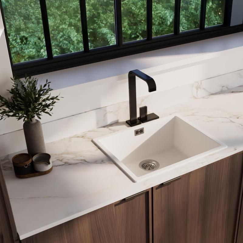 Ausmann Fiber hvid vask 50x40cm undermonteret, overmonteret og indbygget med automatisk rustfrit stål prop 1208971898