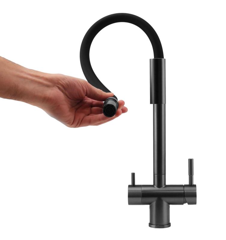 Pure.Sink Elite Steel Flex 3-vejs PVD gun metal køkkenhane med fleksibel udløb og Filtreret Vand PS8110-61