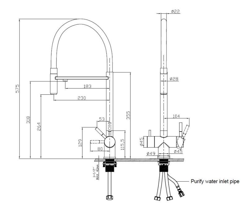 Pure.Sink Elite Steel Flex 3-vejs PVD kobber køkkenhane med fleksibel udløb og filtreret vand PS8110-62
