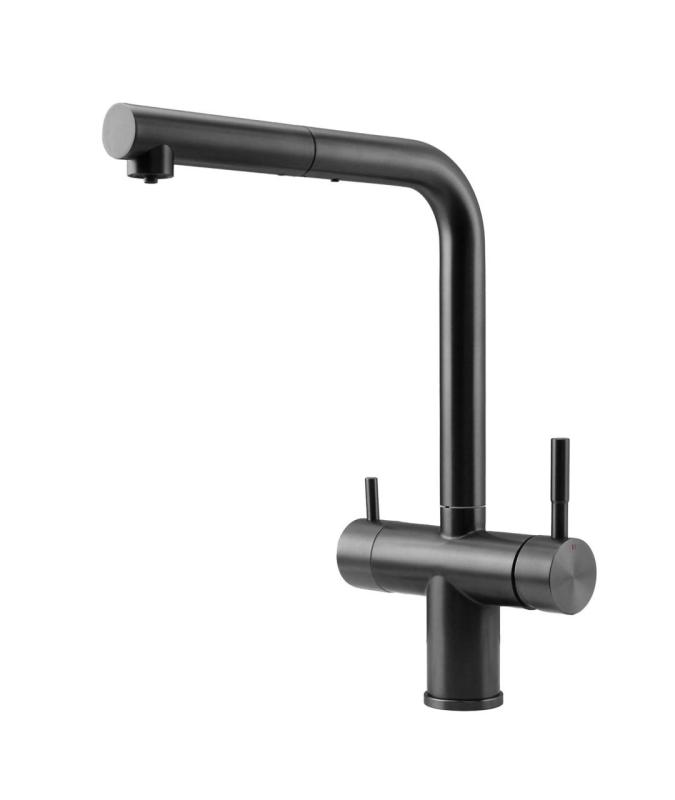 Pure.Sink Elite Steel Clear-S PVD gunmetal 3-vejs Køkkenhane med Udtrækkelig Tud og Filtreret Vand PS8120-61