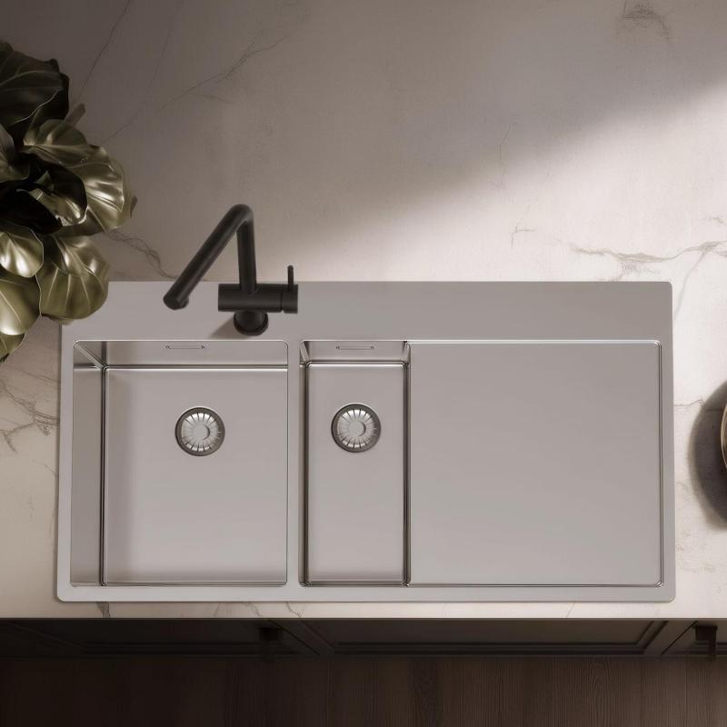 Pure.Sink Exclusivo Rustfrit stål 1,5  vask med afdrypningsplade 100x52 cm Tapwing venstre PEX3418100LT-02