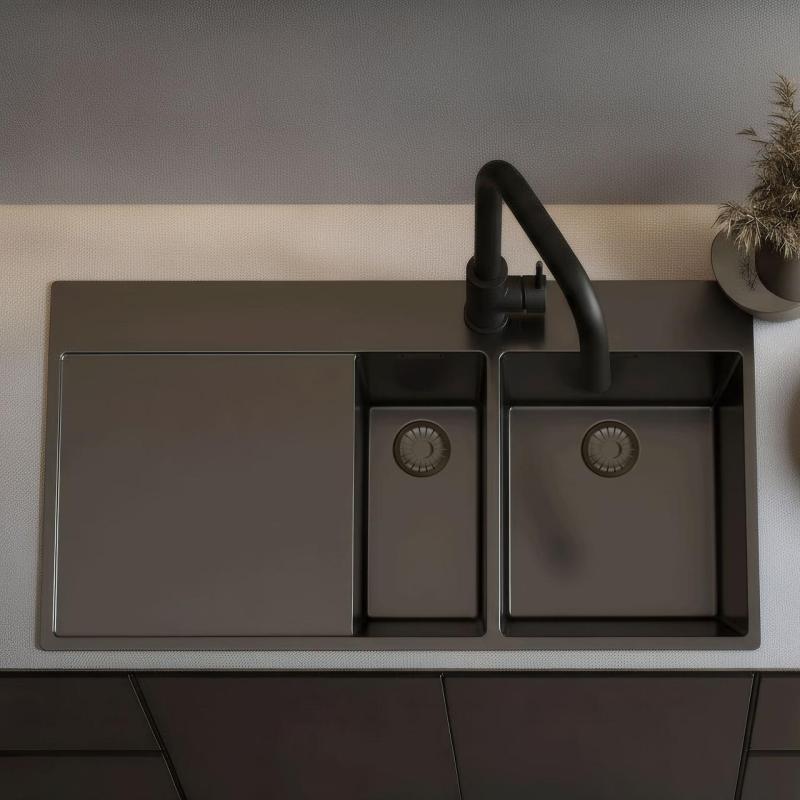 Pure.Sink Exclusivo Gun metal 1,5  vask med afdrypningsplade 100x52 cm Tapwing højre PEX3418100RT-61