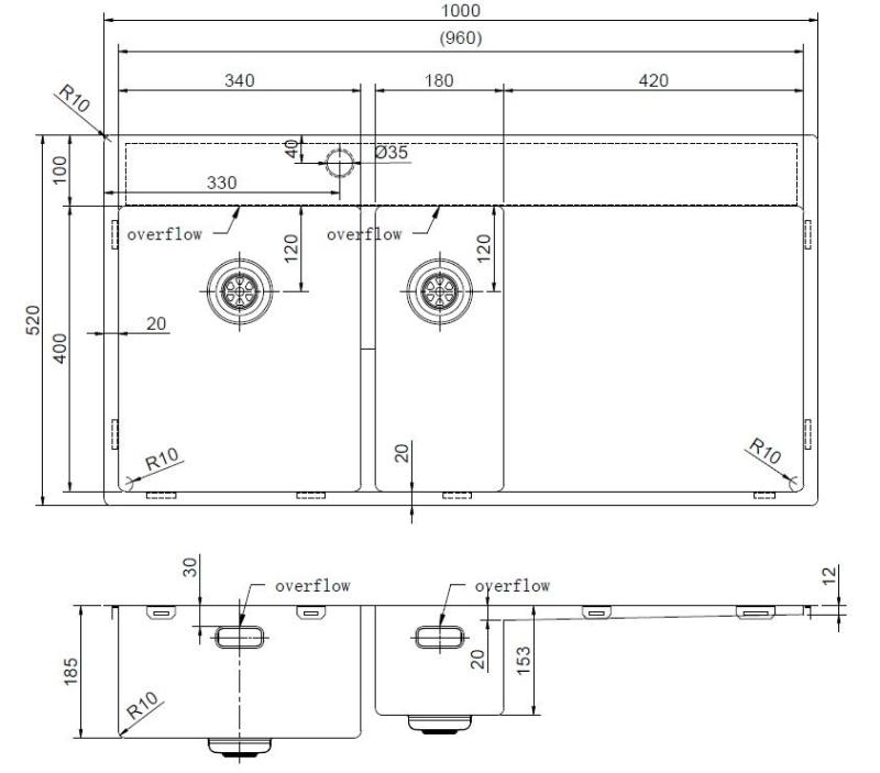 Pure.Sink Exclusivo Gun metal 1,5  vask med afdrypningsplade 100x52 cm Tapwing venstre PEX3418100LT-61