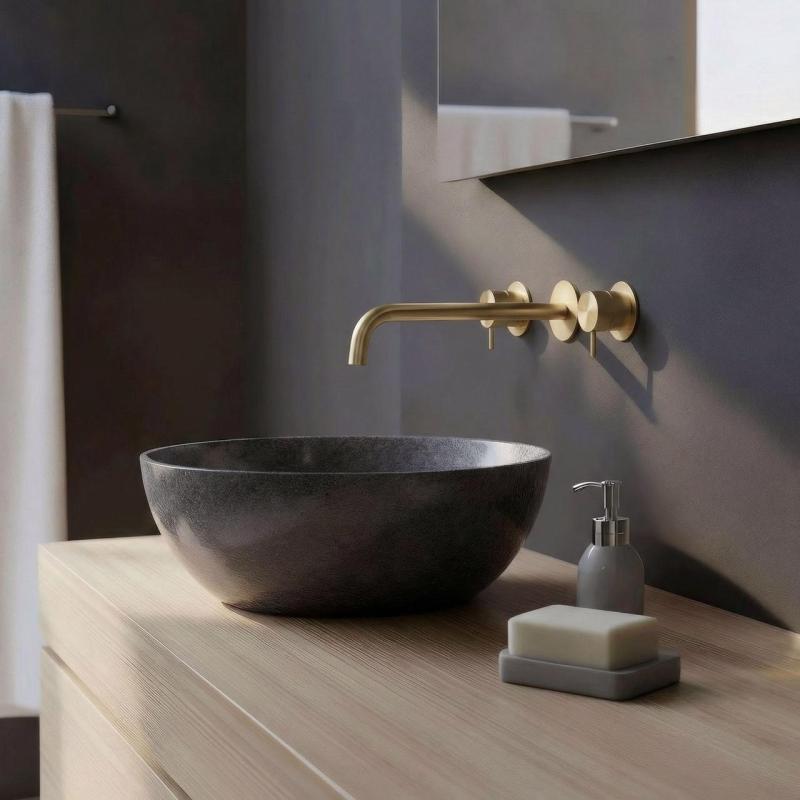 Waterevolution Flow 3-huls indbygget håndvaskarmatur PVD hvidguld med udløb 25 cm T1163FWGE-25