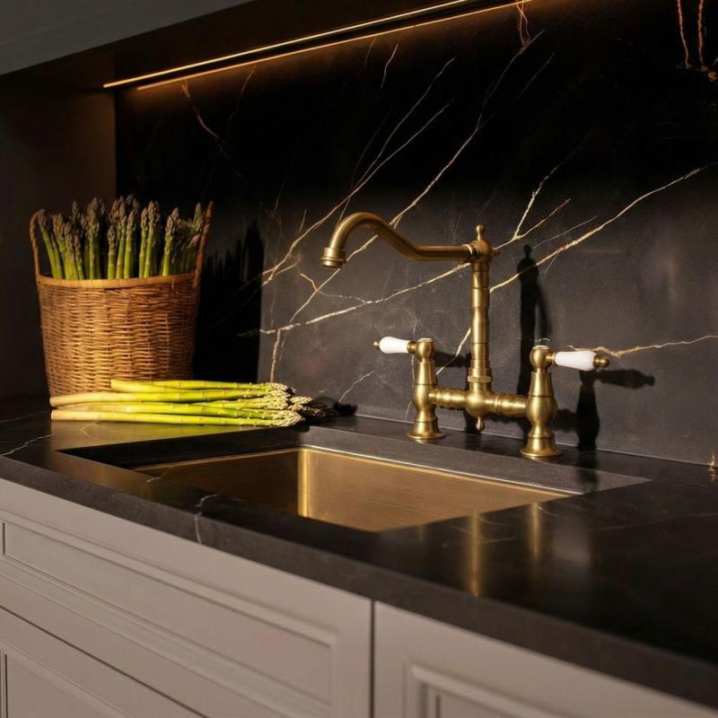 Aquanello Heritage Manor Klassisk køkkenarmatur i nostalgisk bro-design, bronze med hvidt håndtag BN-0010-HM