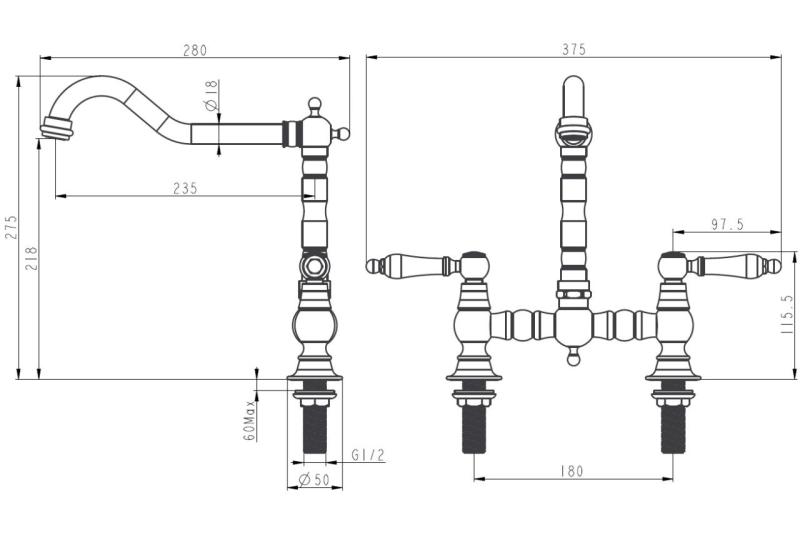 Aquanello Heritage Manor Klassisk køkken Nostalgisk bro køkkenarmatur krom med hvid håndtag CR-0010-HM