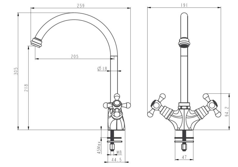 Aquanello Heritage Ascot Klassisk køkkenarmatur i rustfrit stål med rund udløber NB-4003-HA