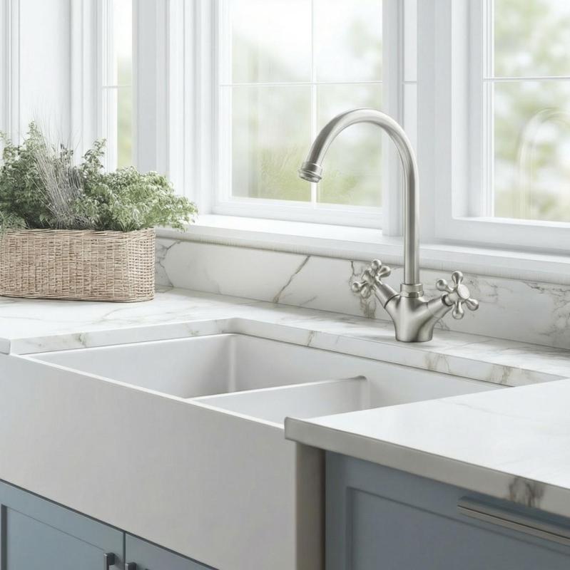 Aquanello Heritage Ascot Klassisk køkkenarmatur i rustfrit stål med rund udløber NB-4003-HA