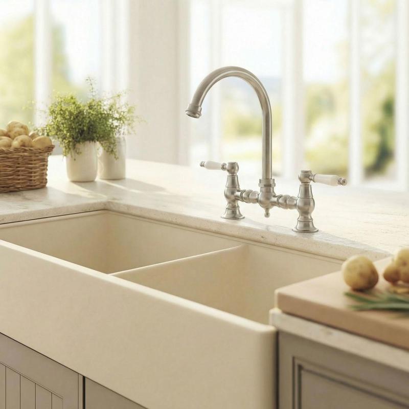 Aquanello Heritage Manor Klassisk køkken Nostalgisk bro Køkkenarmatur i rustfrit stål med hvid håndtag og rund udløb NB-0011-HM