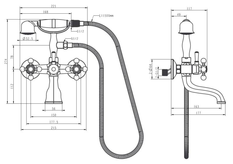 Aquanello Heritage Ascot Klassisk påbygget badekararmatur med stjerneknapper i rustfrit stål, inklusive håndbruser NB-3002-HA