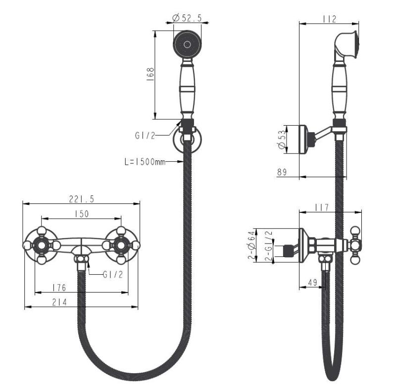 Aquanello Heritage Ascot Klassisk påbygget bruserarmatur med stjerneknapper i rustfrit stål inklusive håndbruser NB-2002-HA